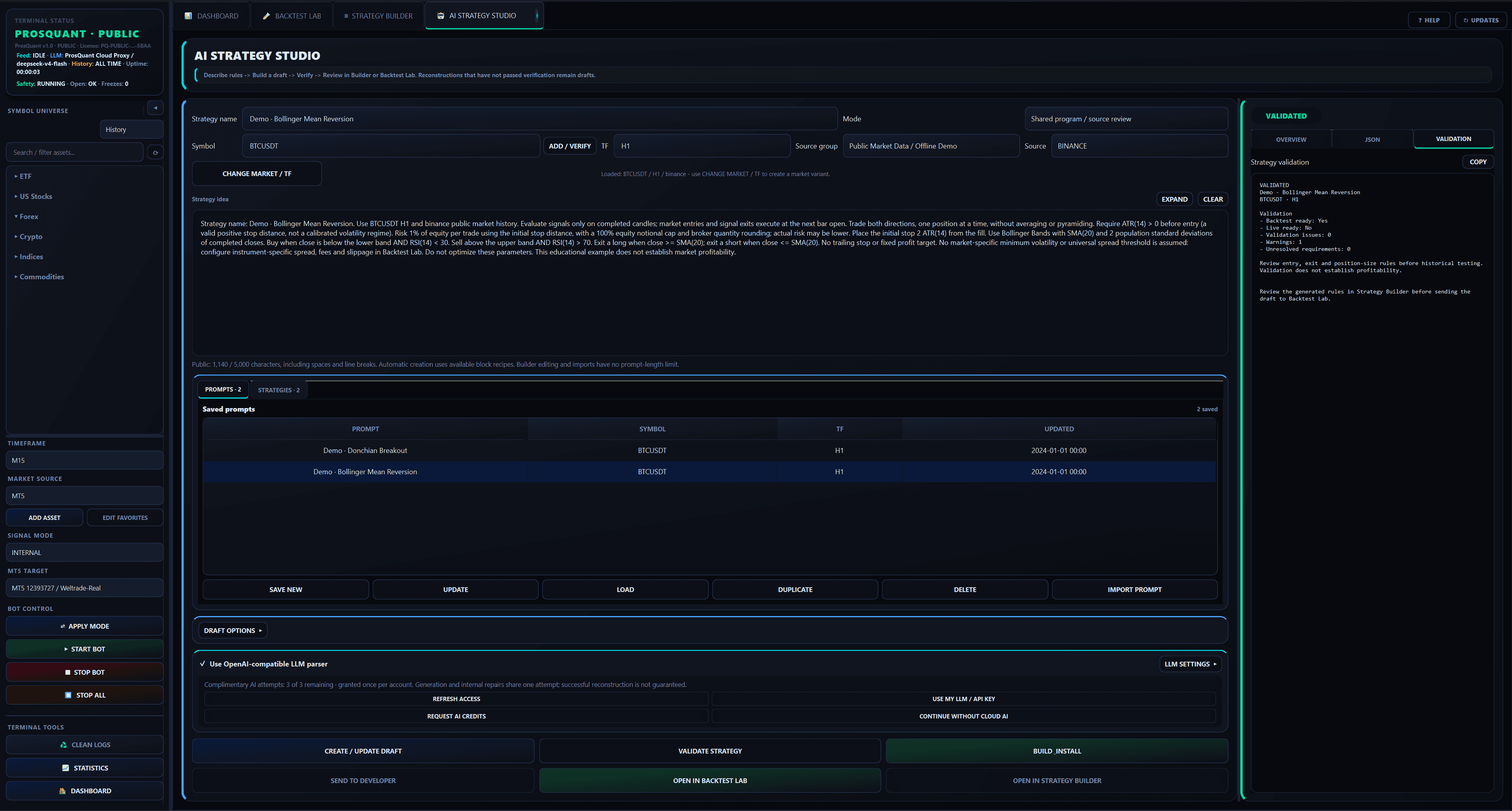 AI Strategy Studio with a Bollinger Mean Reversion prompt, saved prompts and a strategy validation panel